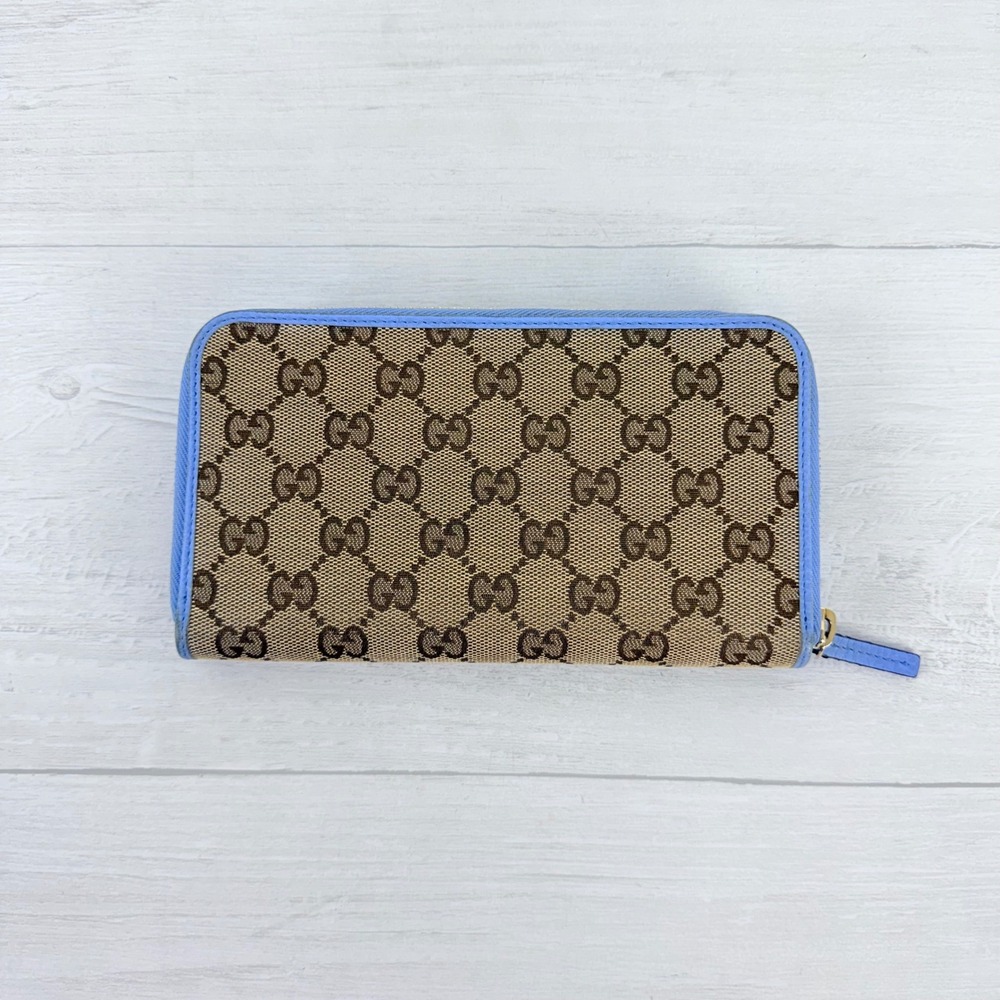 Gucci Zip Around Wallet Blue GG Monogram Canvas Leather Luxury Chic